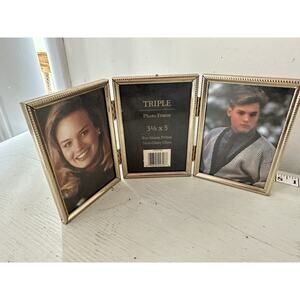 Vintage Solid Brass Triple Rectangle Photo Picture Frame NOS Cottagecore Decor